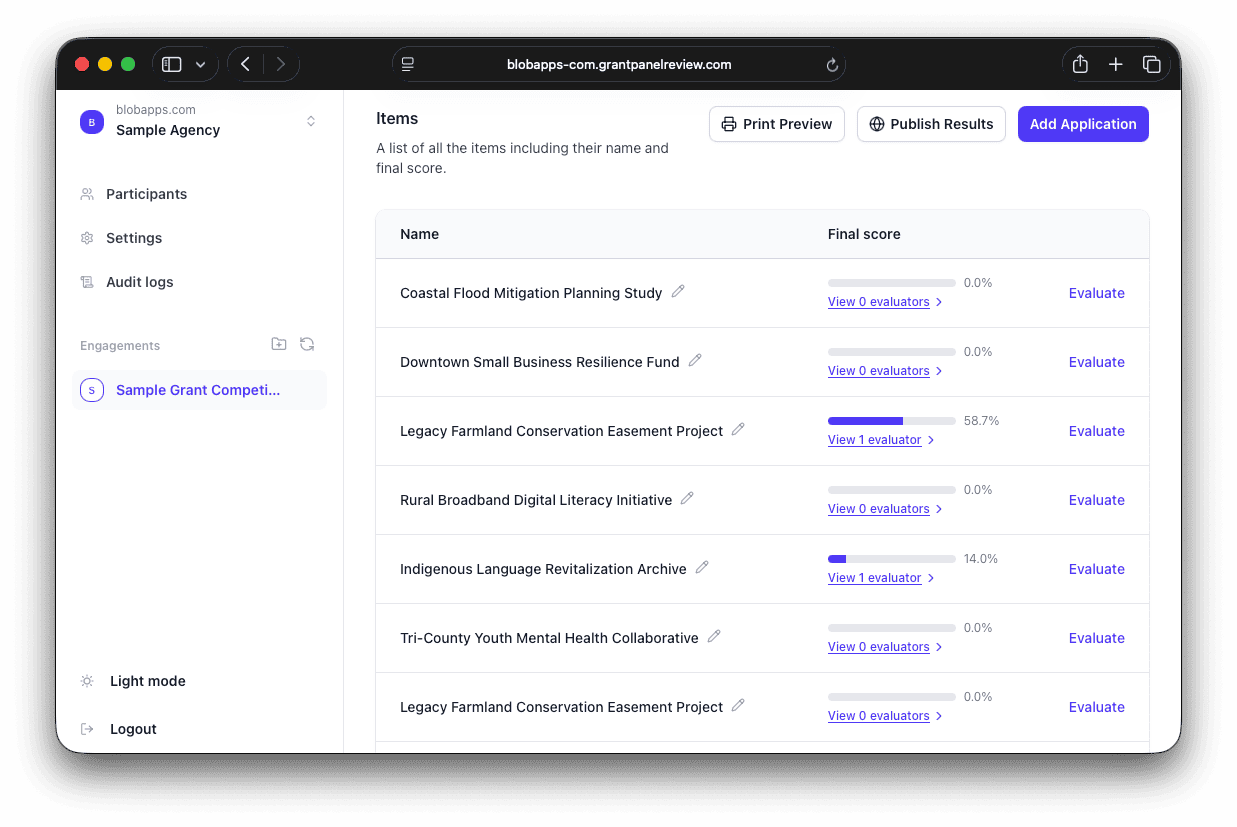 GrantPanelReview applications dashboard showing every application with its final score