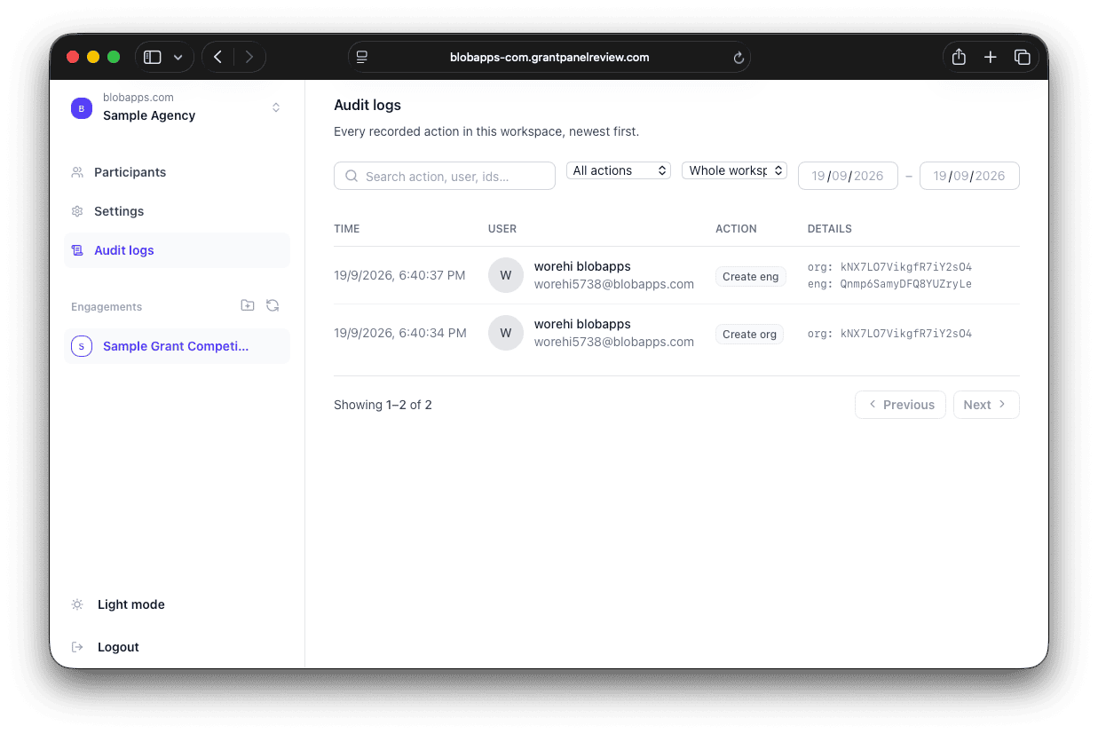 Audit log screen listing every recorded action in the workspace, newest first